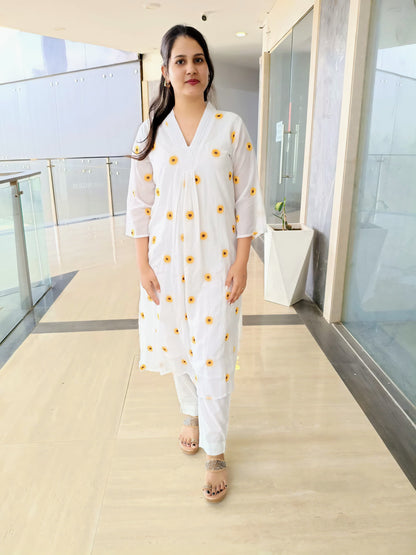 DH187- Sunny White Sunflower Embroidered Suit Set