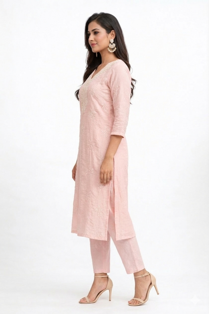 DH301-Elegant Pink Embroidered Cotton Kurta set with White Lace V-Neck