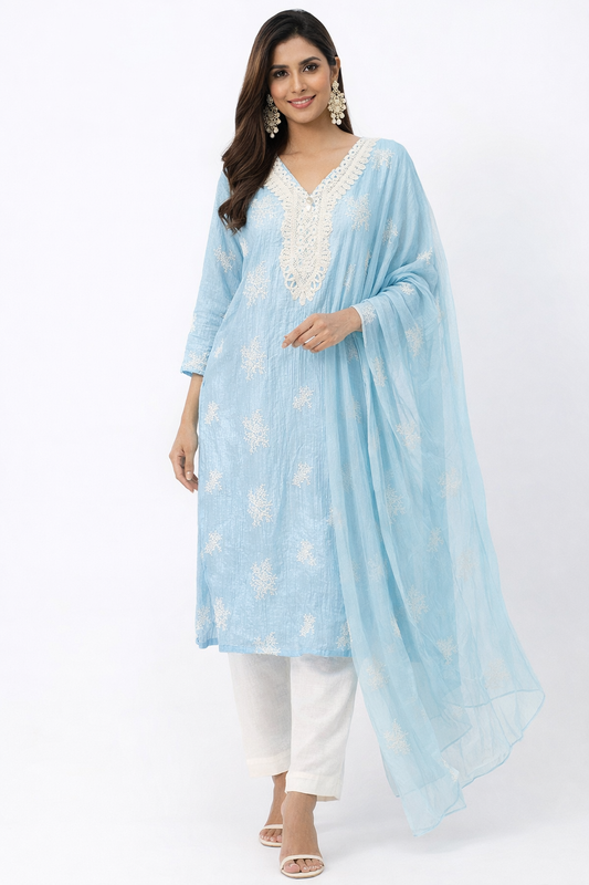 DH302-Elegant Sky Blue  Embroidered Cotton Kurta set with White Lace V-Neck