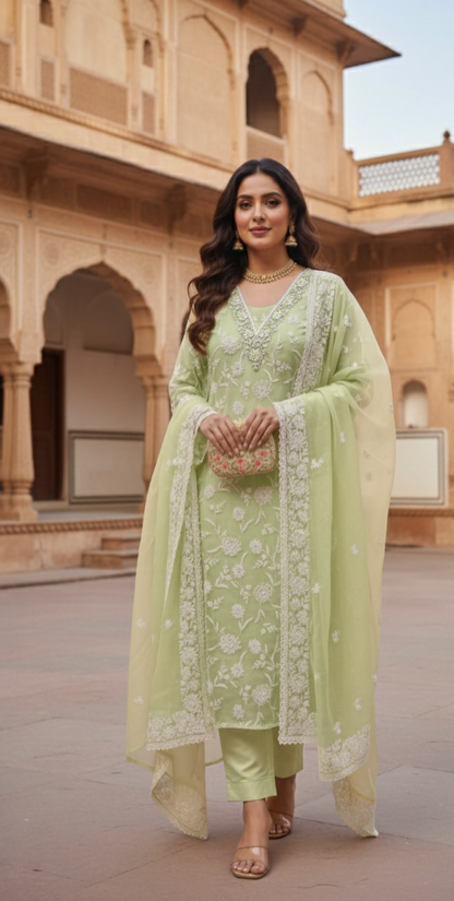 DHO60G- Shop Our Most Gorgeous Embroidered Thread Work Suit in Light Green