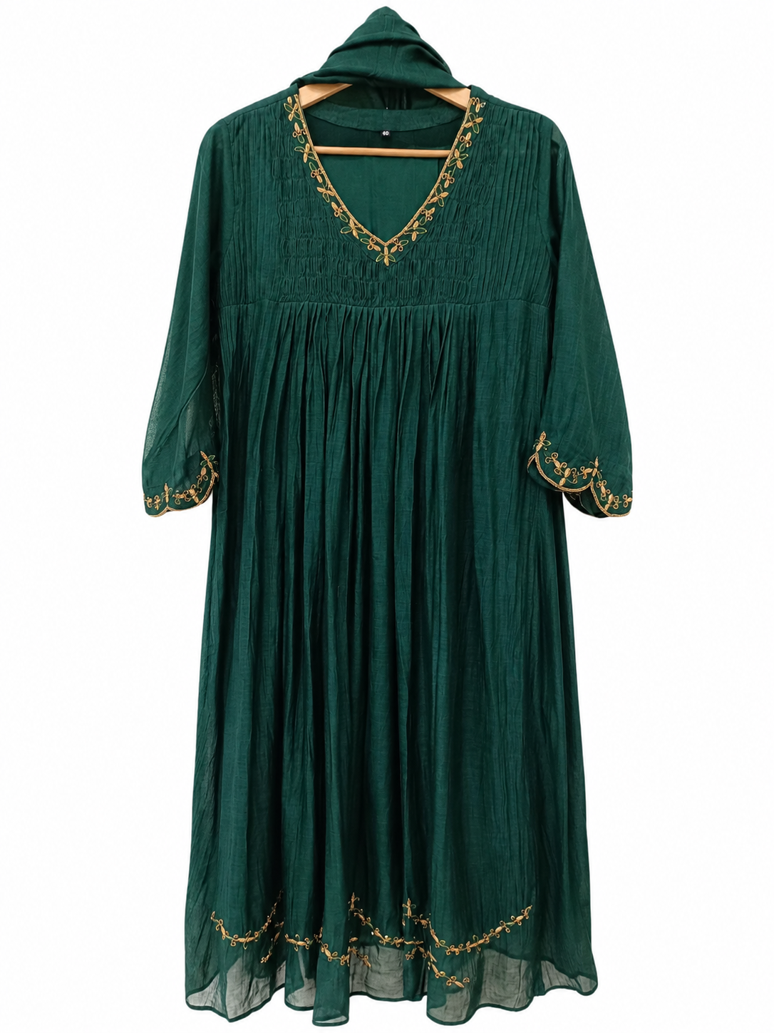 DH327-Emerald Green Mul Chanderi Embroidered A-Line Suit Set with Dupatta