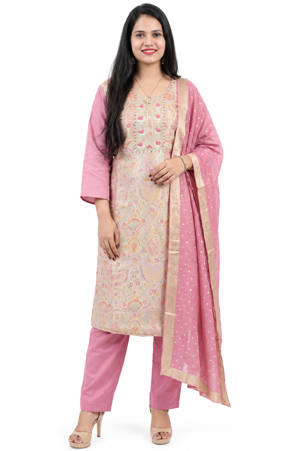 DH233-Dusty Pink Suit With Paisley Zari Weaving & Embroidery Dupatta