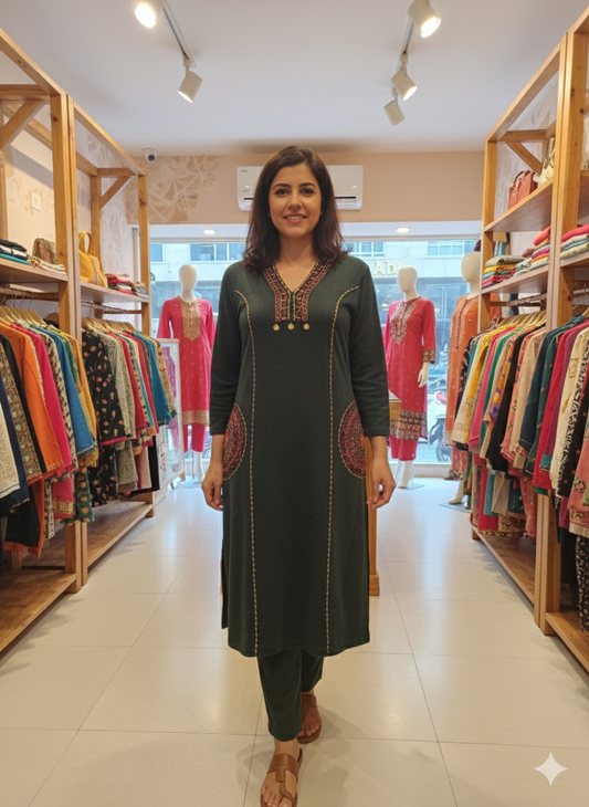 DH297-Dark Green Woolen Embroidered Kurta Pant Set