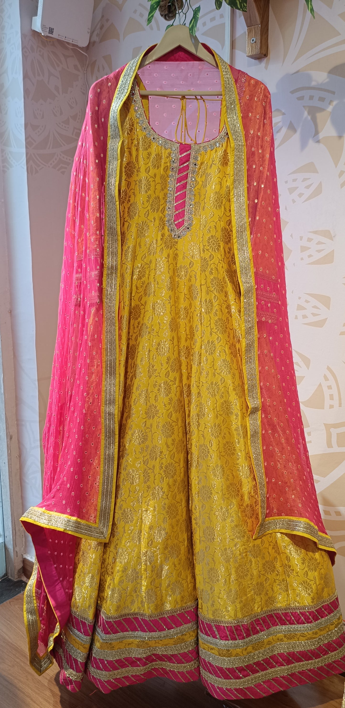 DH218-Radiant Yellow Anarkali With Pink Dupatta & Golden Highlights
