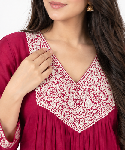DH182-Crimson Red Embroidered Anarkali Set