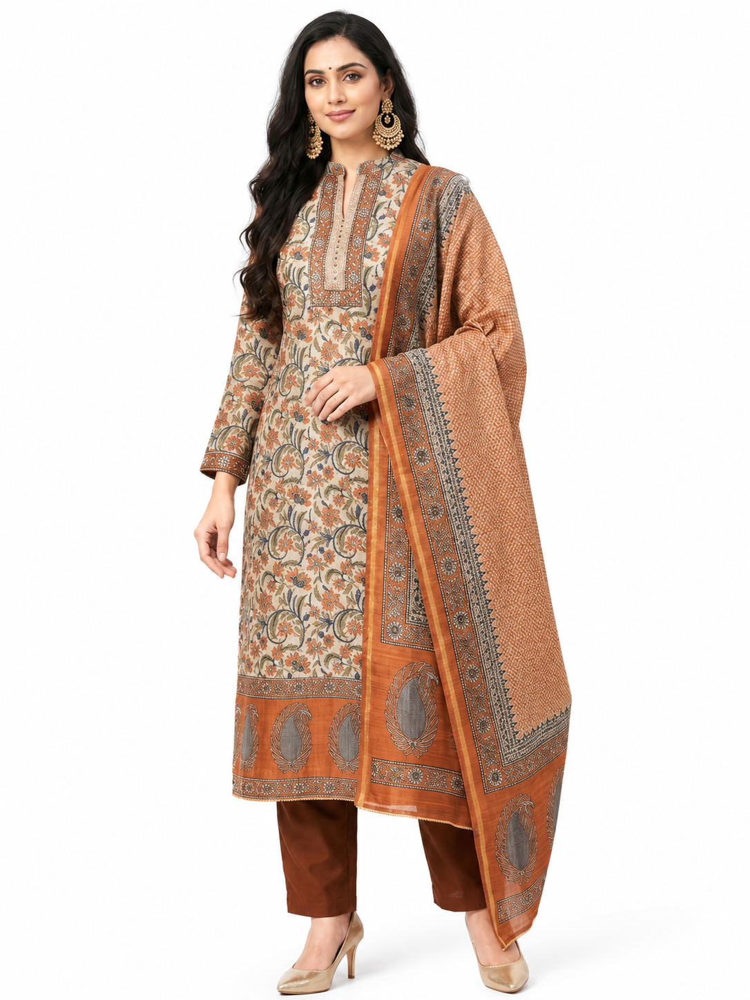 DH331-Beige & Rust Chanderi Unstitched 3 Piece Suit