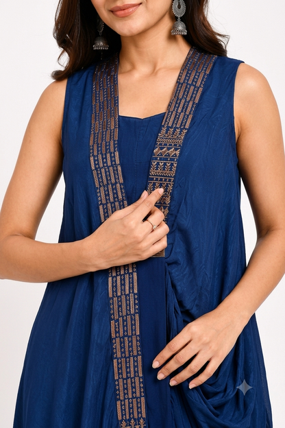 DH328-Navy Blue Indo-Western Co-Ord Set with Drape & Palazzo