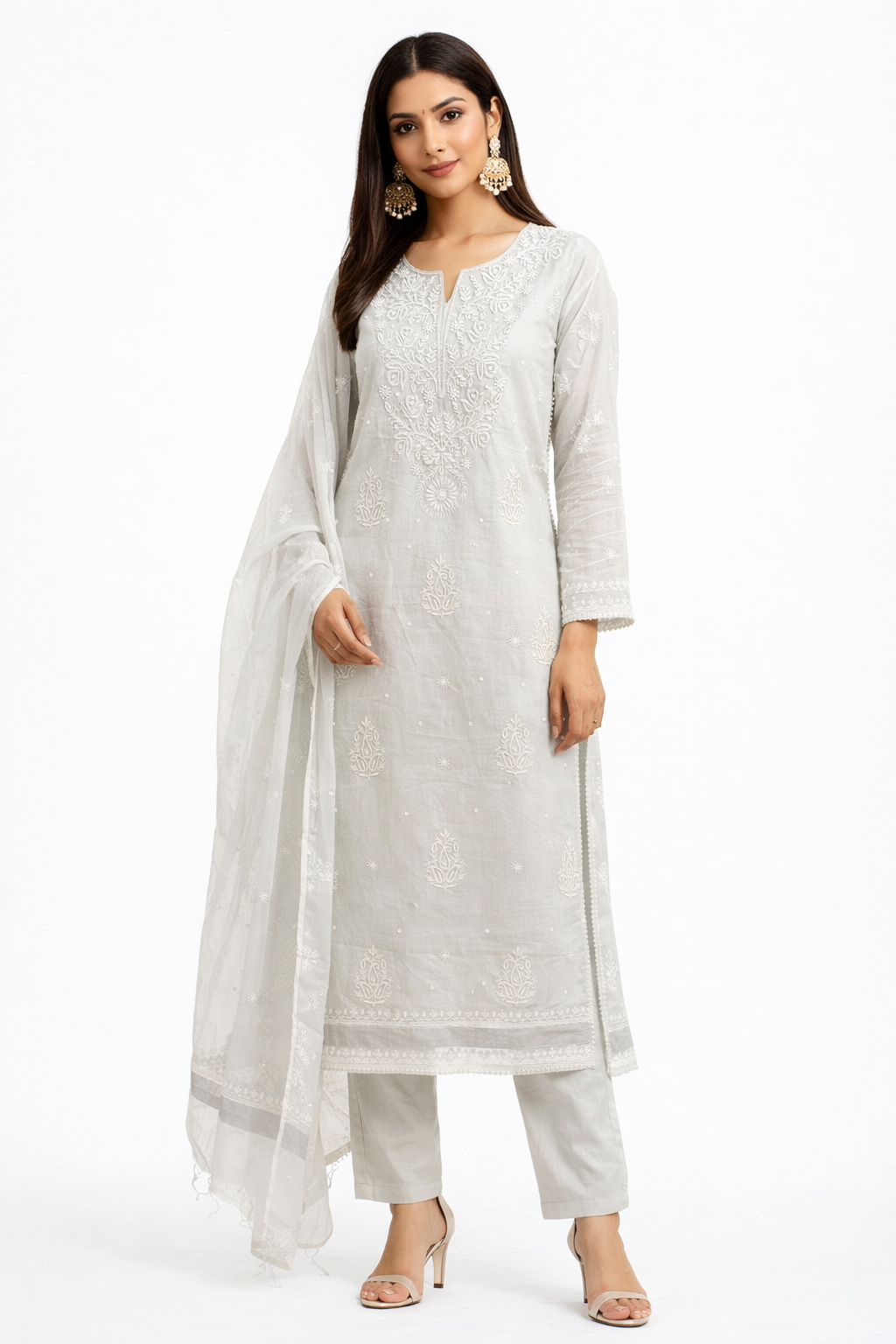 DH273-Elegant Soothing   Light Color Tissue Chanderi Unstitched Suit with Intricate White Embroidery Dupatta