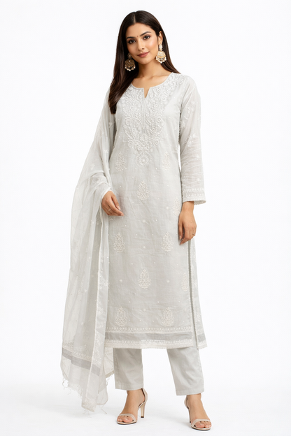 DH273-Elegant Soothing   Light Color Tissue Chanderi Unstitched Suit with Intricate White Embroidery Dupatta