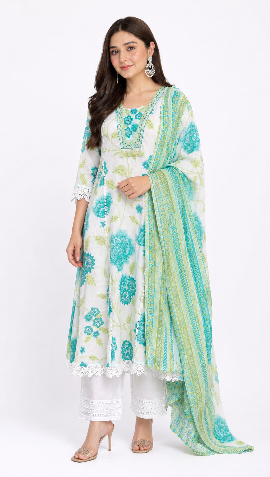 DH123-Cotton Floral Print Kurta Set with Dupatta