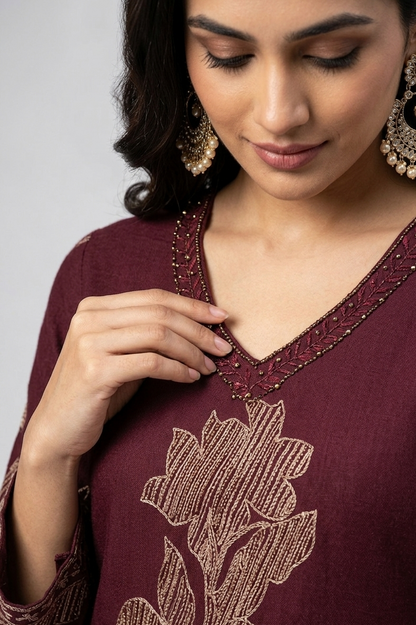 DH307-Elegant Wine  Floral Printed Kurta Set with Palazzo