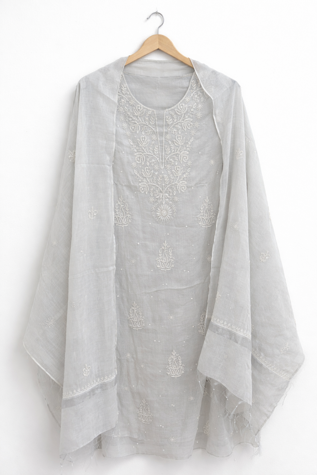 DH273-Elegant Soothing   Light Color Tissue Chanderi Unstitched Suit with Intricate White Embroidery Dupatta