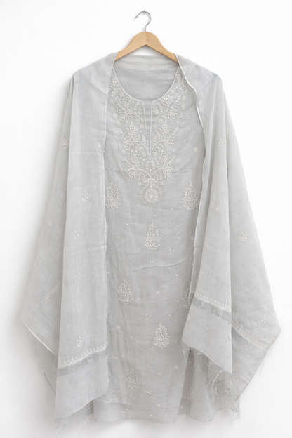 DH273-Elegant Soothing   Light Color Tissue Chanderi Unstitched Suit with Intricate White Embroidery Dupatta
