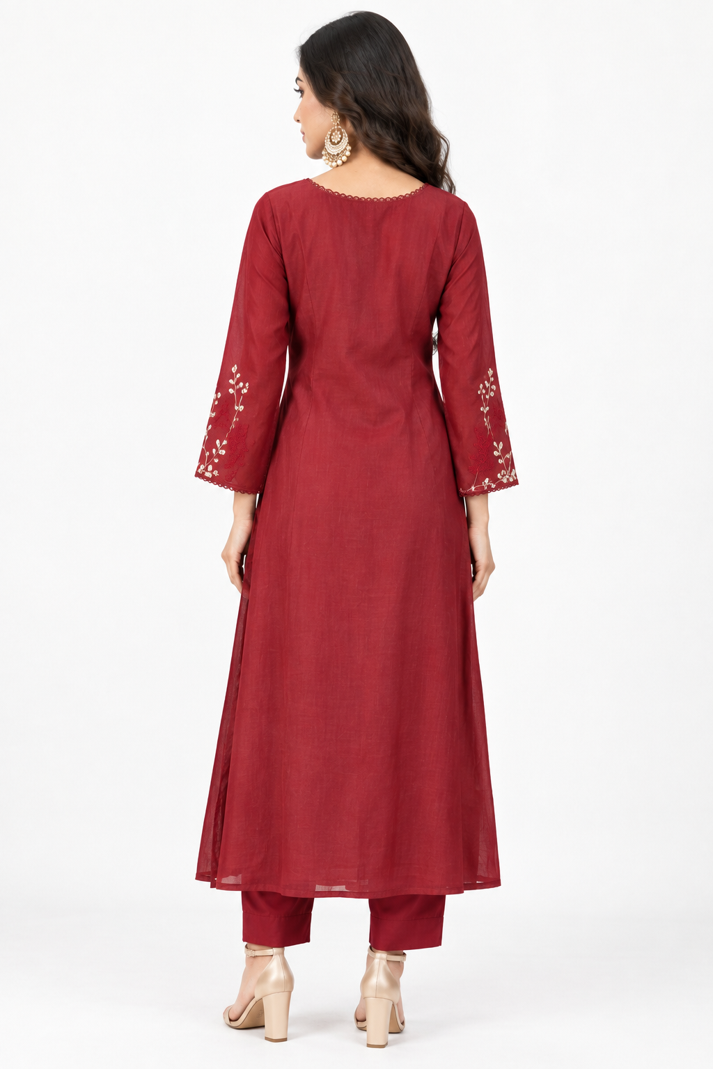 DH183-Maroon-Rust Red Floral Embroidered Kurta Set