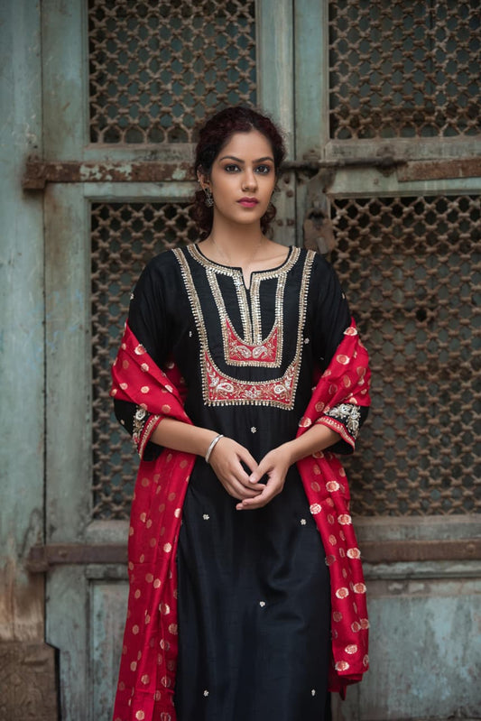 DH216-Black & Red Three Piece Modal Silk Suit