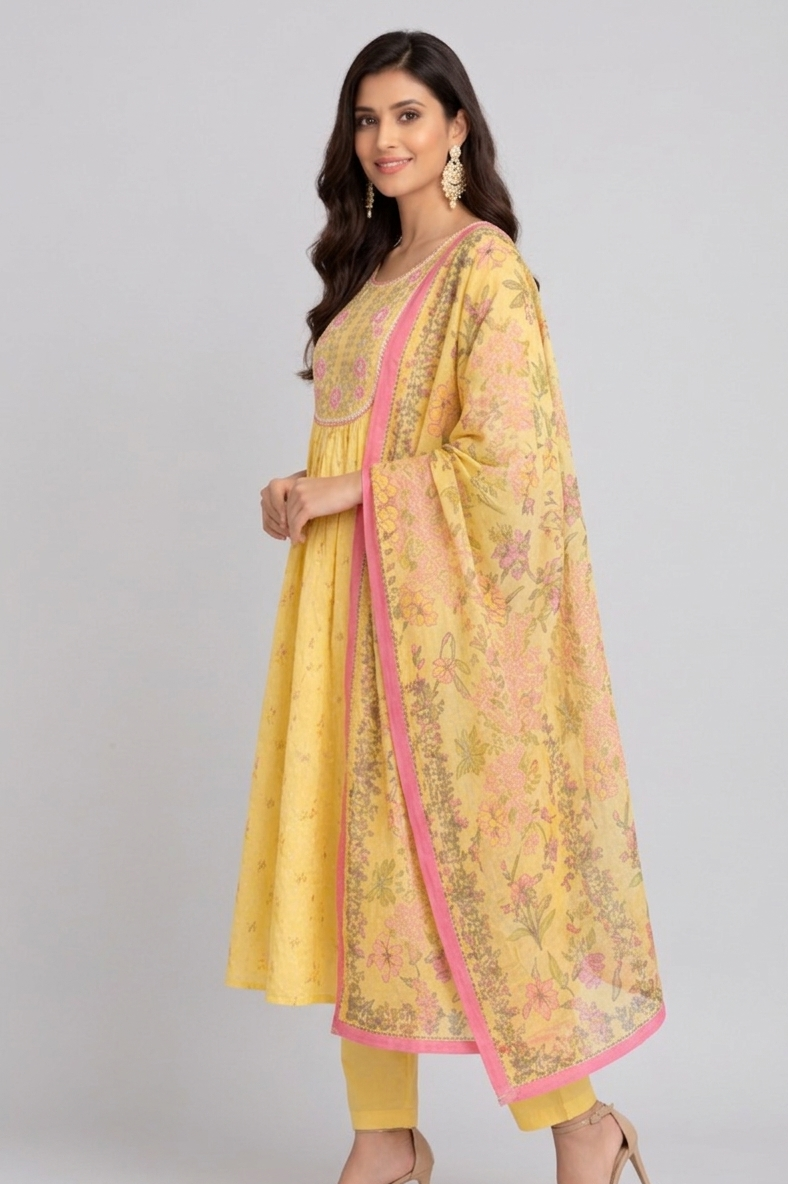 DH312-Bright Yellow Floral A-Line Kurta Set with Dupatta