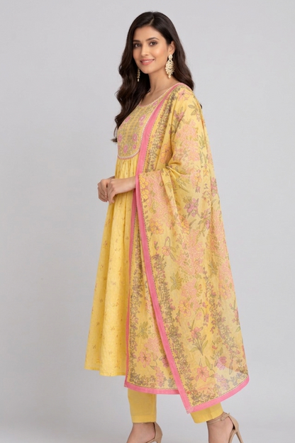 DH312-Bright Yellow Floral A-Line Kurta Set with Dupatta