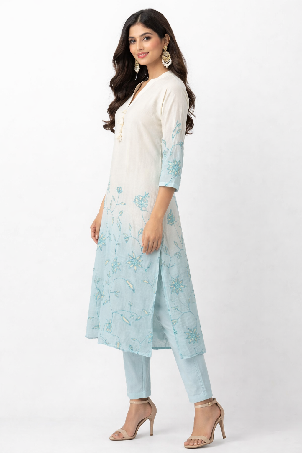 DH114WB- Dual Shade Chanderi Kurta with Floral Embroidery
