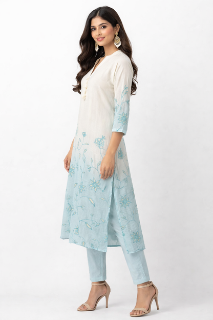 DH114WB- Dual Shade Chanderi Kurta with Floral Embroidery
