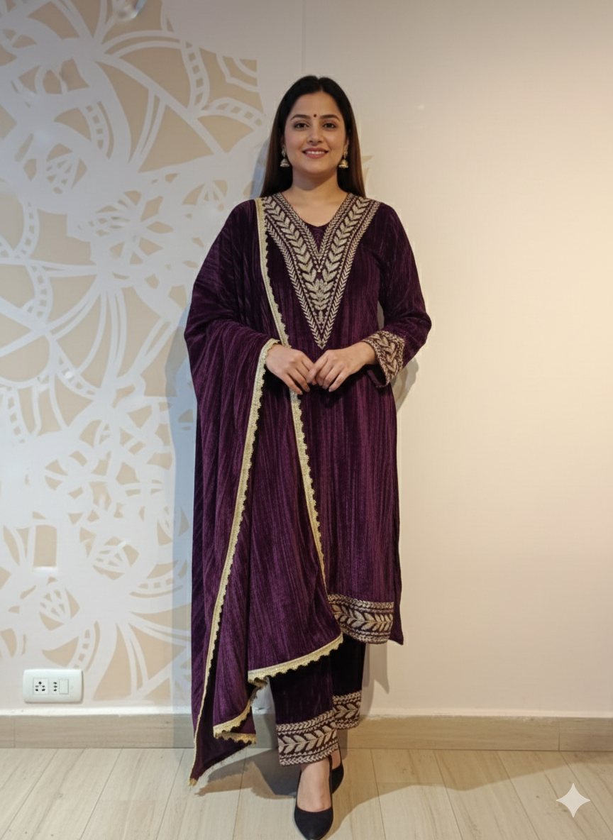 DH291-Plum Velvet Three-Piece Suit with Heritage-Inspired Embroidery