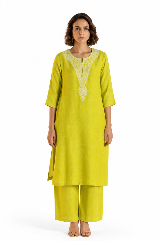 DH177G-Lime Green Embroidered Co-ord Set
