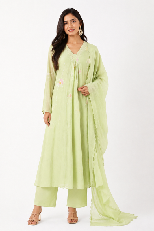 DH324-Pastel Green Mul Chanderi Embroidered A-Line Suit Set with Dupatta