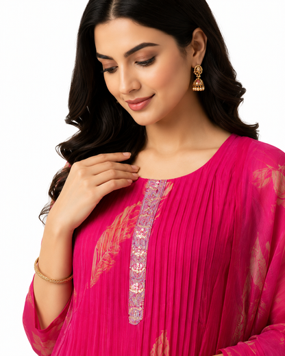 DH103-Stylish Fuchsia Floral Suit set