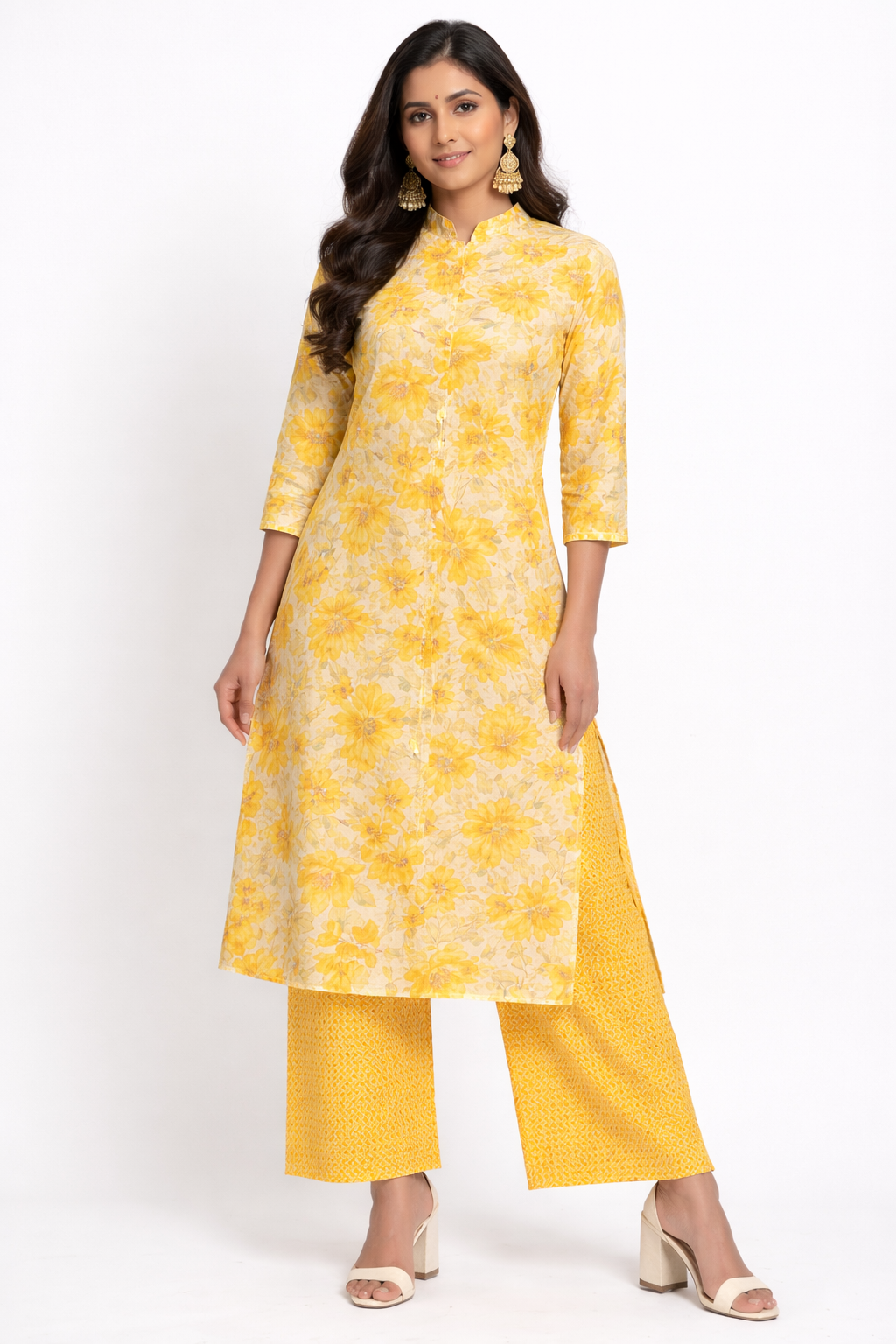 DH316-Chic Yellow Floral Printed Kurta Set with Straight Pants