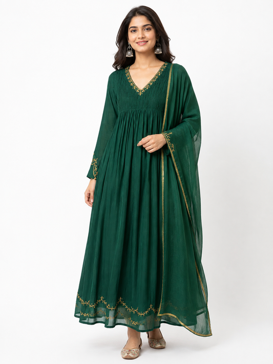 DH327-Emerald Green Mul Chanderi Embroidered A-Line Suit Set with Dupatta