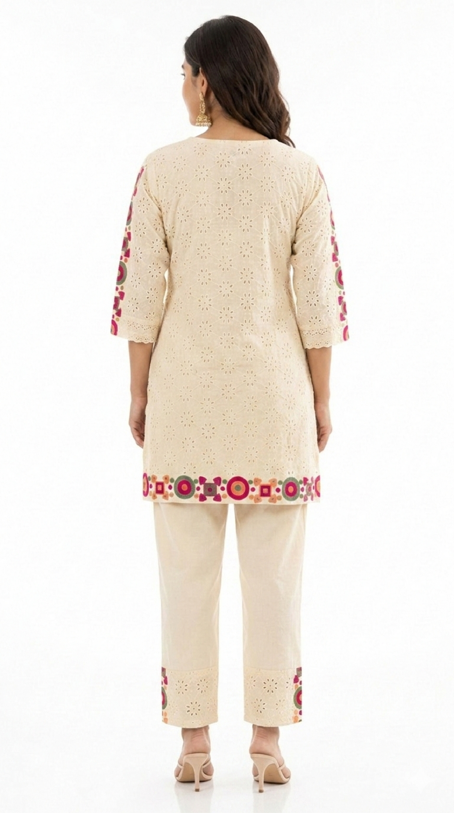 DH155W-Elegant Cream Cotton Embroidered Coord Set