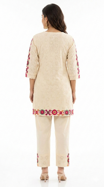 DH155W-Elegant Cream Cotton Embroidered Coord Set