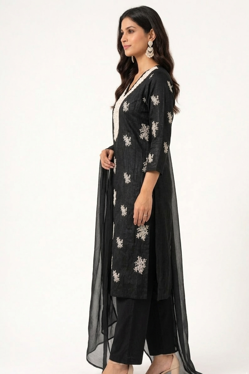 DH303-Elegant Black Embroidered Cotton Kurta set with White Lace V-Neck