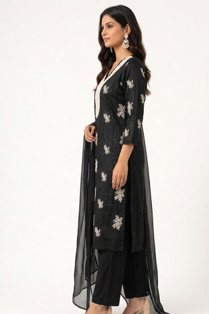 DH303-Elegant Black Embroidered Cotton Kurta set with White Lace V-Neck