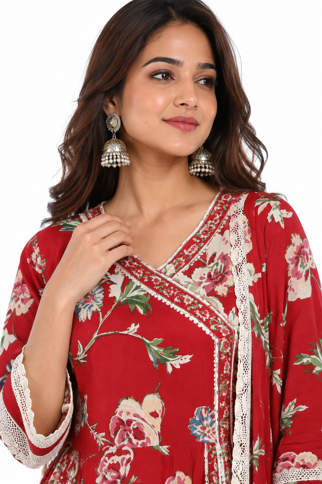 DH213-Graceful Red Floral Anarkali with Lace Detailing