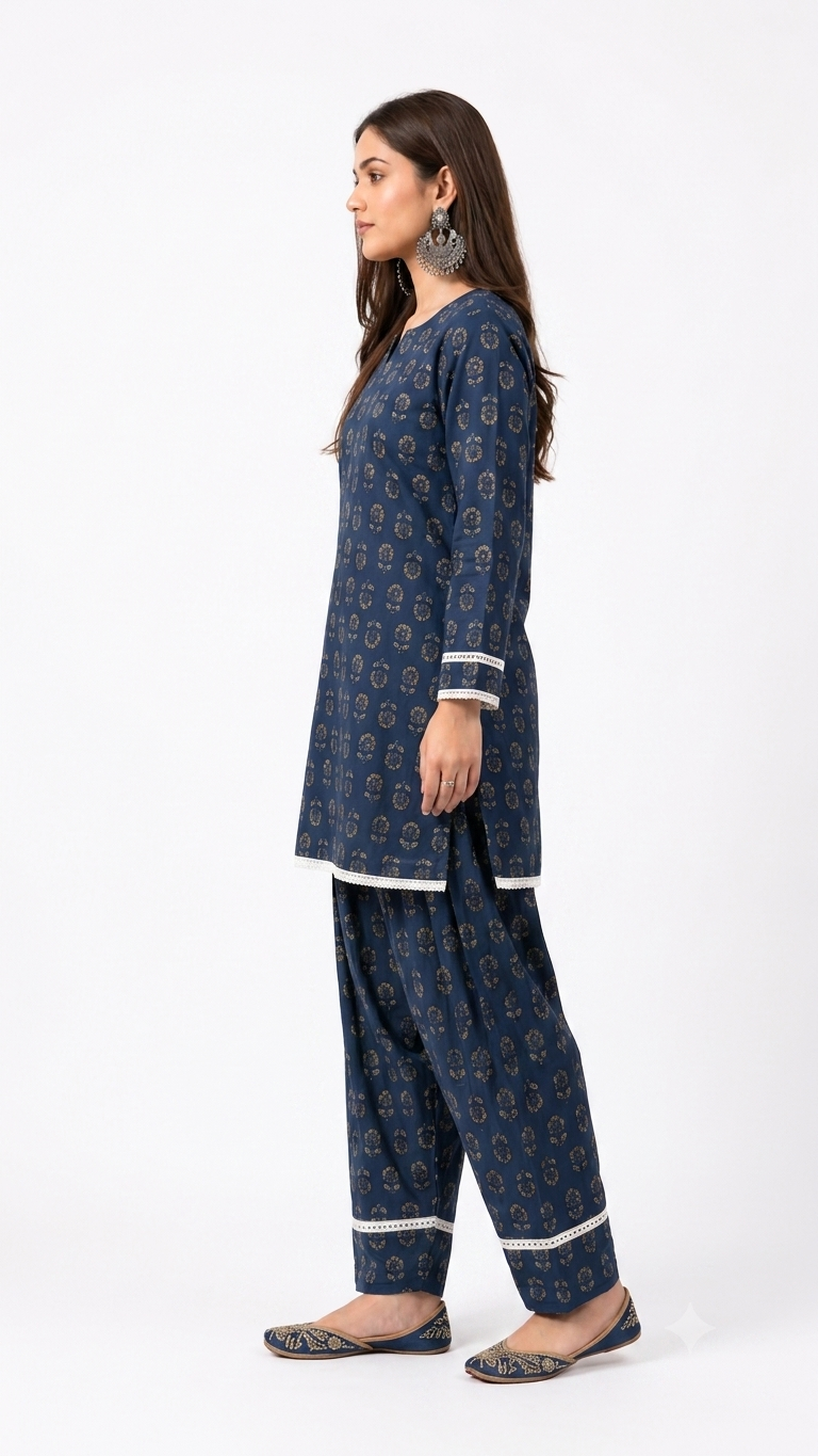 DH318-Women's Navy Blue Cotton Printed Farshi Salwar Suit Set