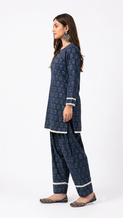 DH318-Women's Navy Blue Cotton Printed Farshi Salwar Suit Set