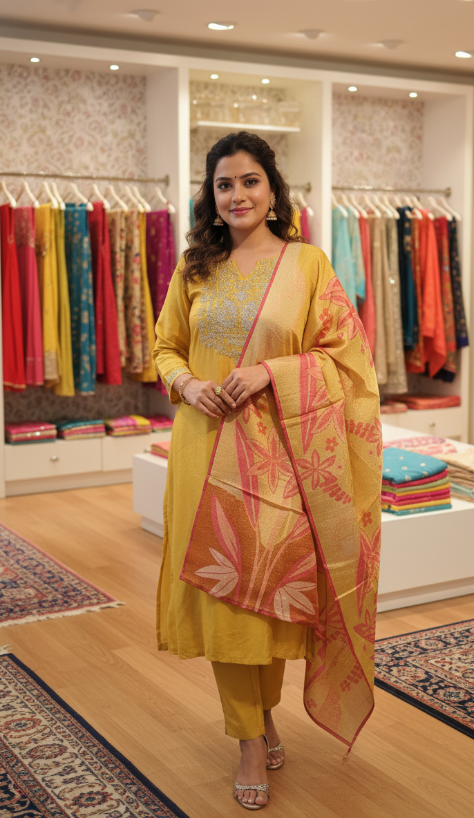 DH214-Golden Grace Hand Embroidered Slik Kurta Set