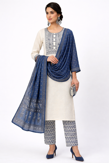 DH317-Elegant Off-White & Navy Blue Embroidered Kurta Set with Dupatta