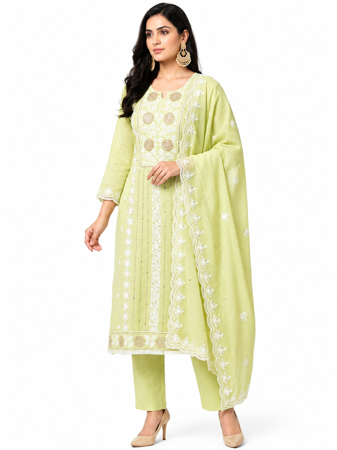 DH330-Pista Green Mul Cotton Unstitched 3 Piece Suit with Thread Work