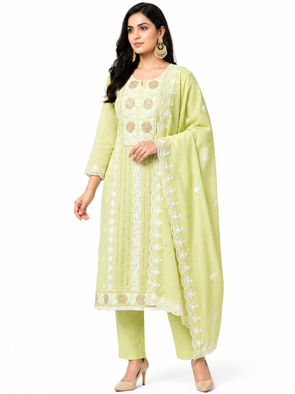 DH330-Pista Green Mul Cotton Unstitched 3 Piece Suit with Thread Work