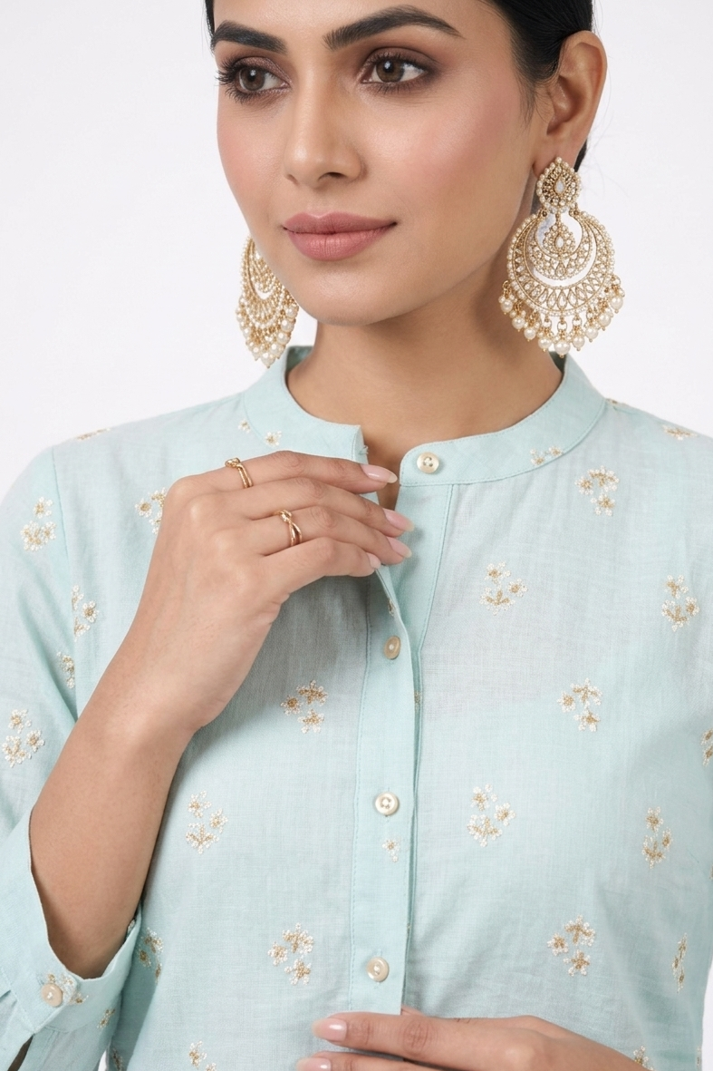 DH310-Elegant Pastel Blue Straight Kurti with Delicate Embroidery