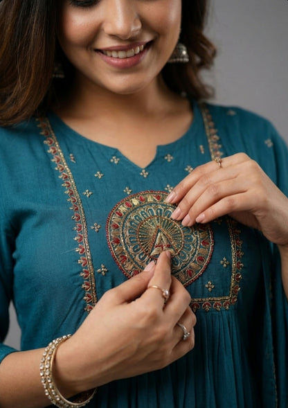 DH199- Vibrant Teal Embroidered Mul Cotton Anarkali Set