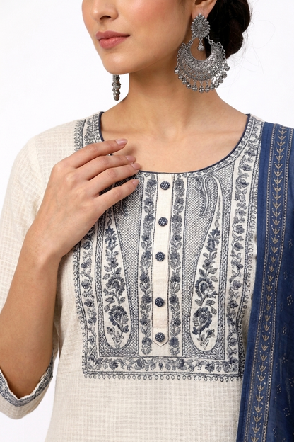 DH317-Elegant Off-White & Navy Blue Embroidered Kurta Set with Dupatta