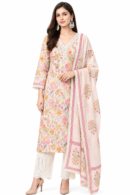 DH336-Women’s 3 Piece Unstitched  Cotton Suit Set with Floral Print