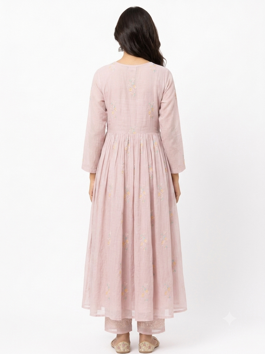DH322-Blush Pink Mul Chanderi Embroidered A-Line Suit Set with Dupatta