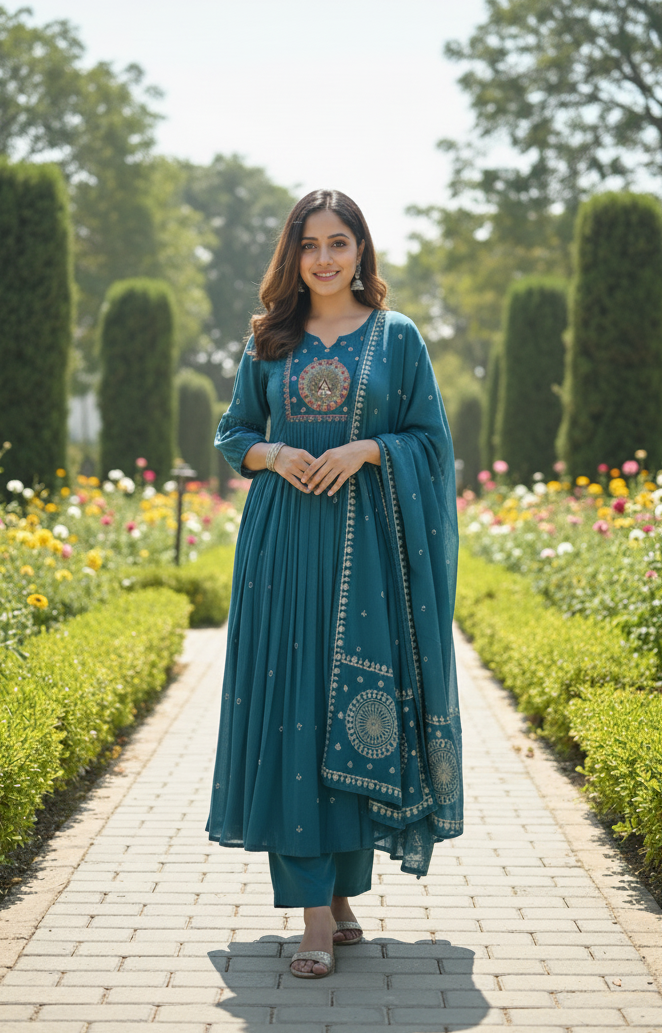 DH199- Vibrant Teal Embroidered Mul Cotton Anarkali Set