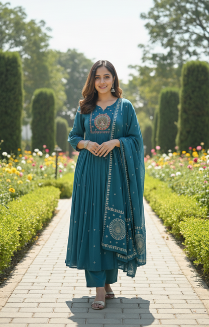 DH199- Vibrant Teal Embroidered Mul Cotton Anarkali Set