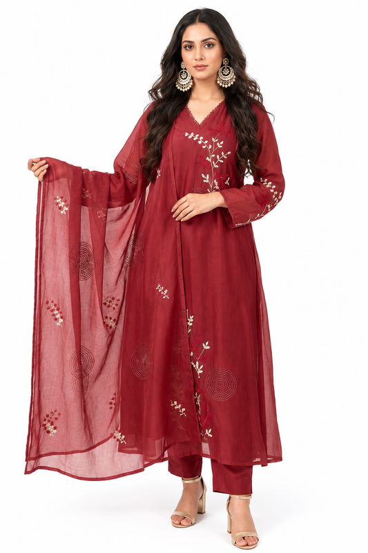 DH183-Maroon-Rust Red Floral Embroidered Kurta Set
