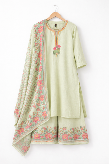 DH311-Graceful Pastel Green Floral Kurta Set with Printed Dupatta