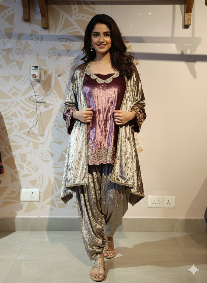 DH284-Luxurious Mauve & Silver Velvet Three-Piece Suit Set